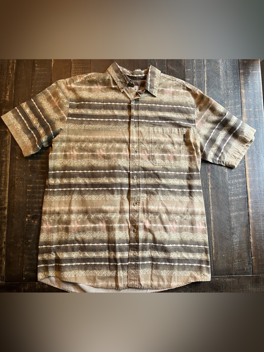 Woolrich Fishing Lure Brown and Tan Striped Short-Sleeve Button-Down Shirt